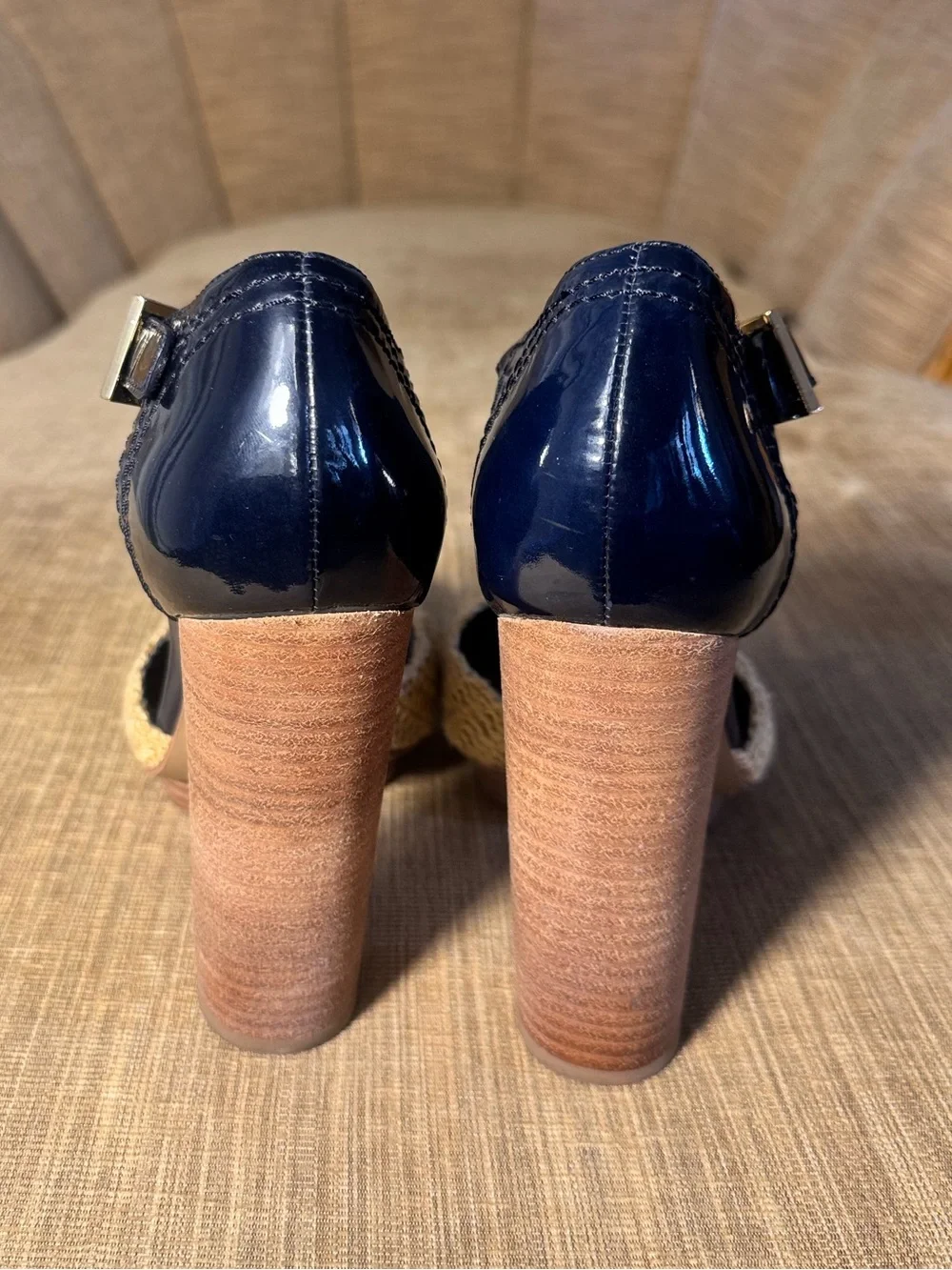 Tory Burch Navy Patent Leather Raffia T Strap Heels